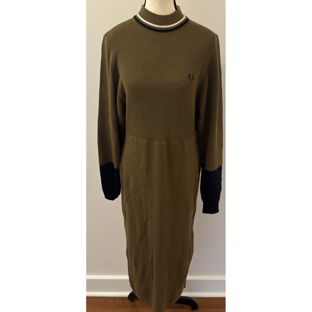 Fred Perry Mock Neck Jumper Long Sweater Dress Brown Navy White Size 10 US